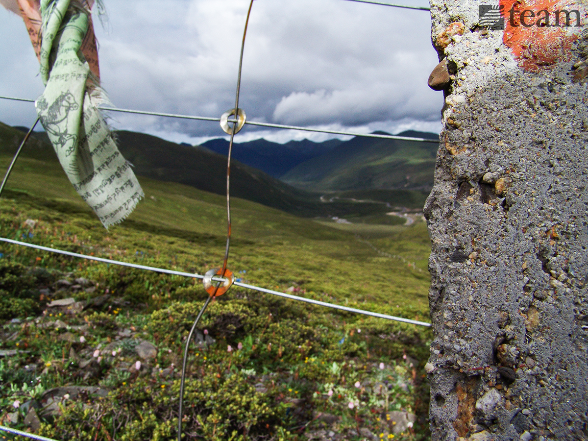 Mountain view behind a wire fence