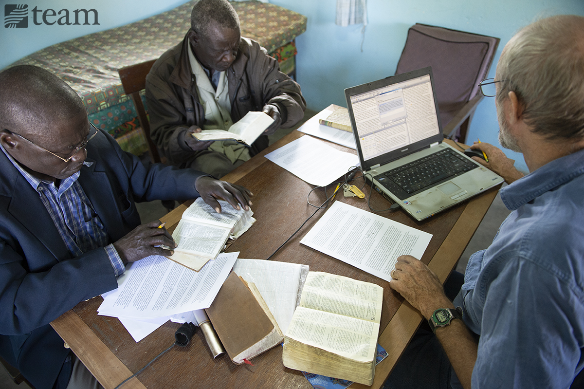 A group of men in Chad work on a Bible translation project