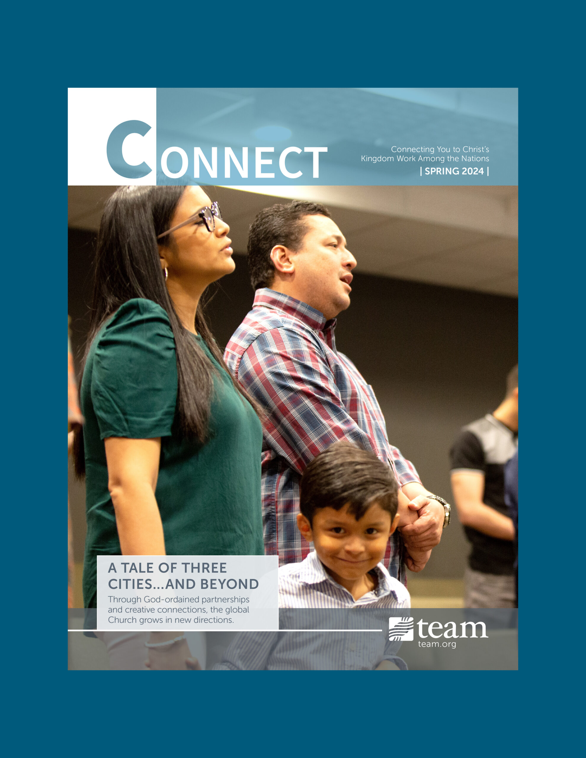 A family worships at church on the cover of the newsletter.