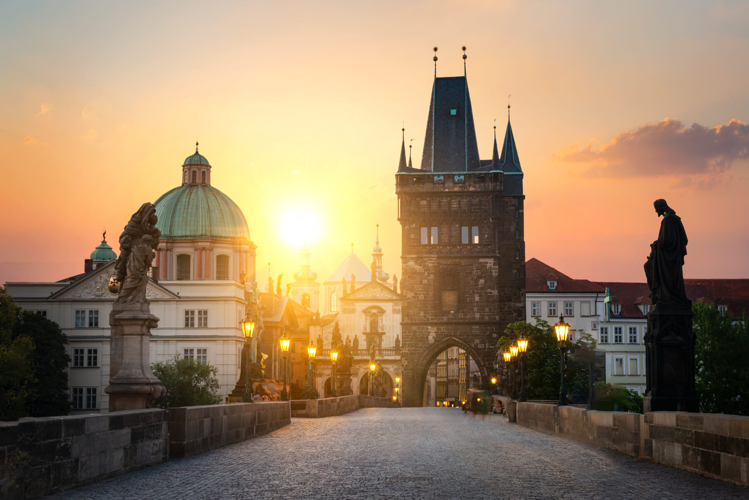 Charles Bridge in Prague at dawn.