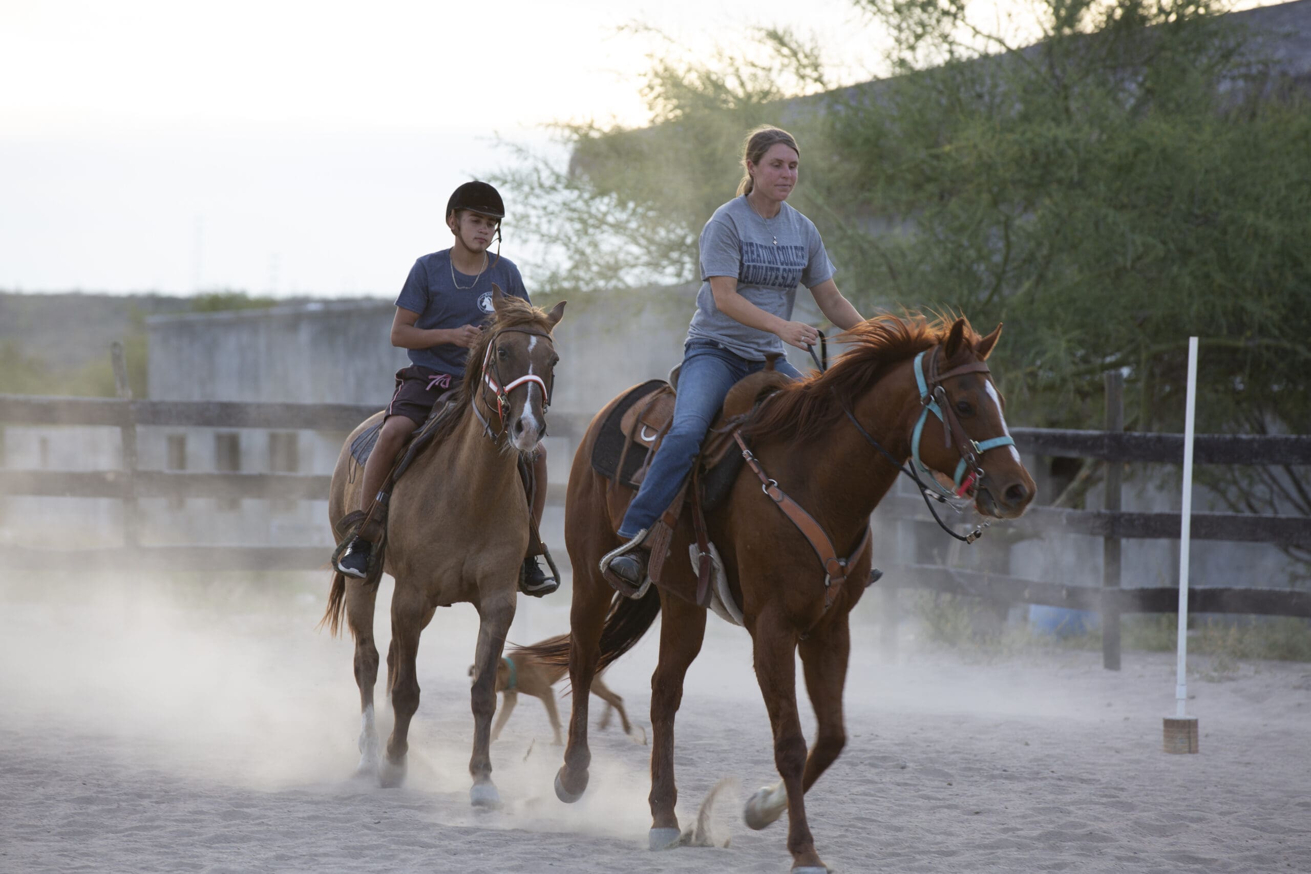 Woman working with horse and youth.